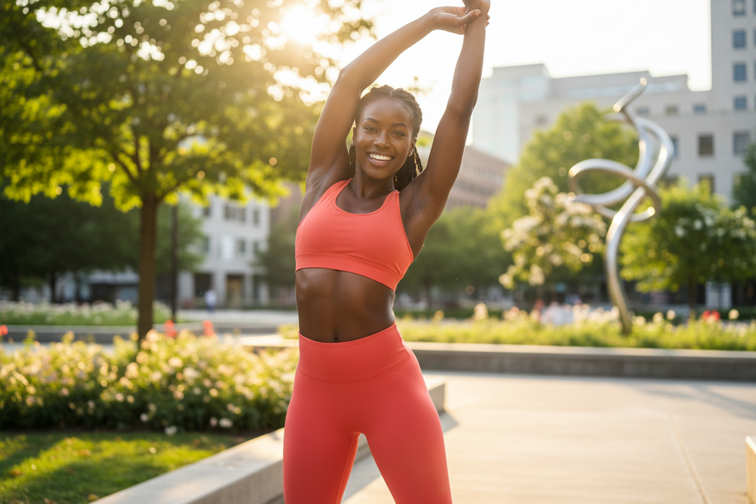 Woman with rich melanin complexion smiling in solid vibrant coral matching high-compression activewear set stretching outdoors in sunlit park