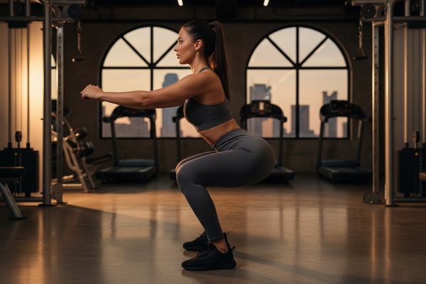 Woman in sculpting leggings performing a deep squat in a Dallas gym showing fabric compression through full range of motion