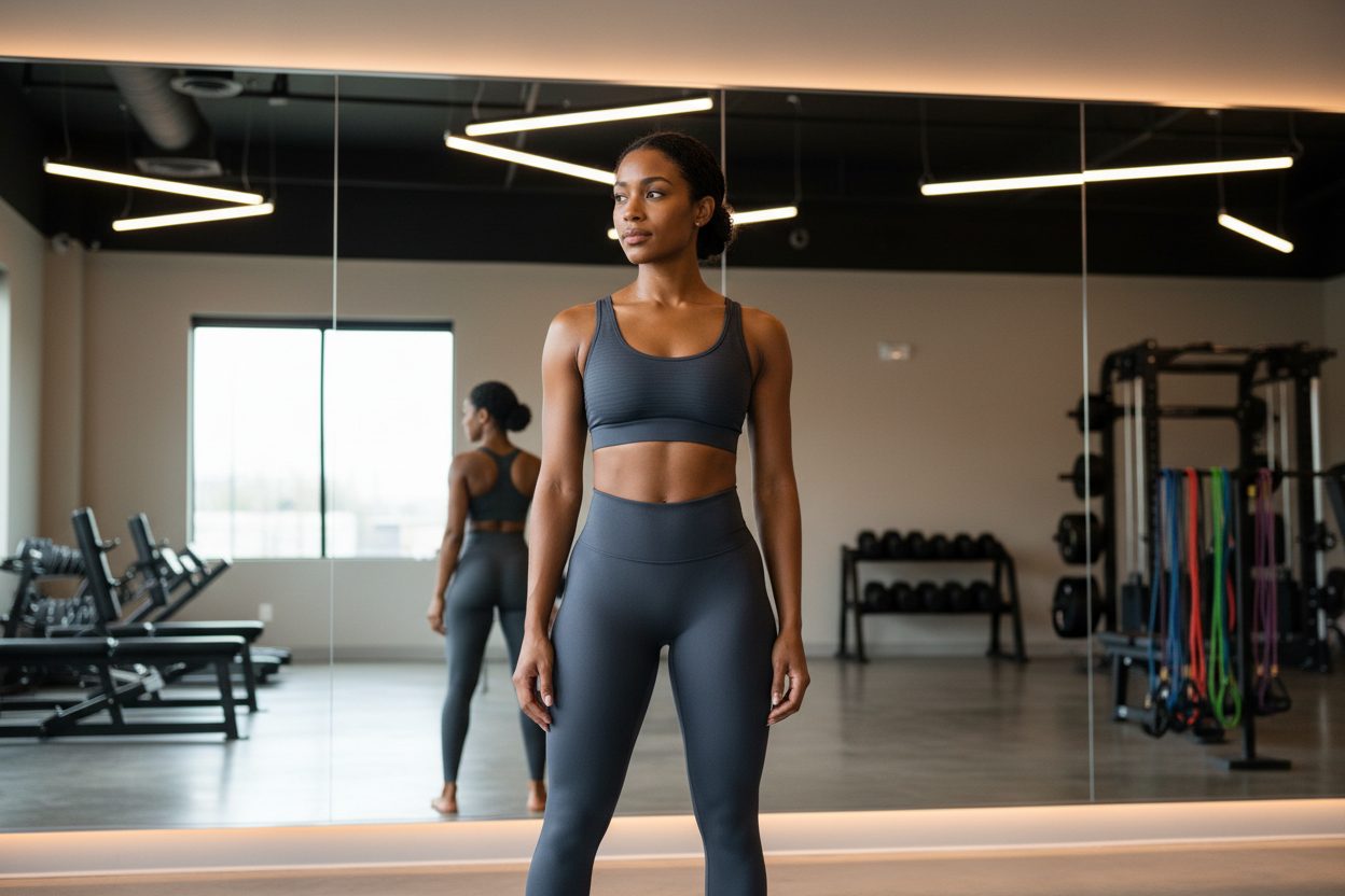 Woman walking toward gym mirror in sculpting activewear at a Dallas fitness studio