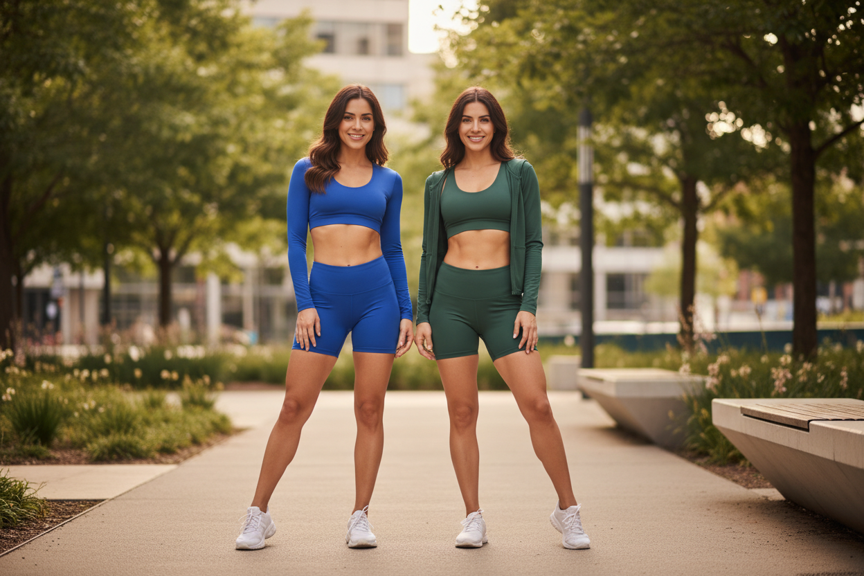 Two Hispanic women in their 20s wearing solid color activewear biker shorts outdoors, premium lifestyle fitness wear