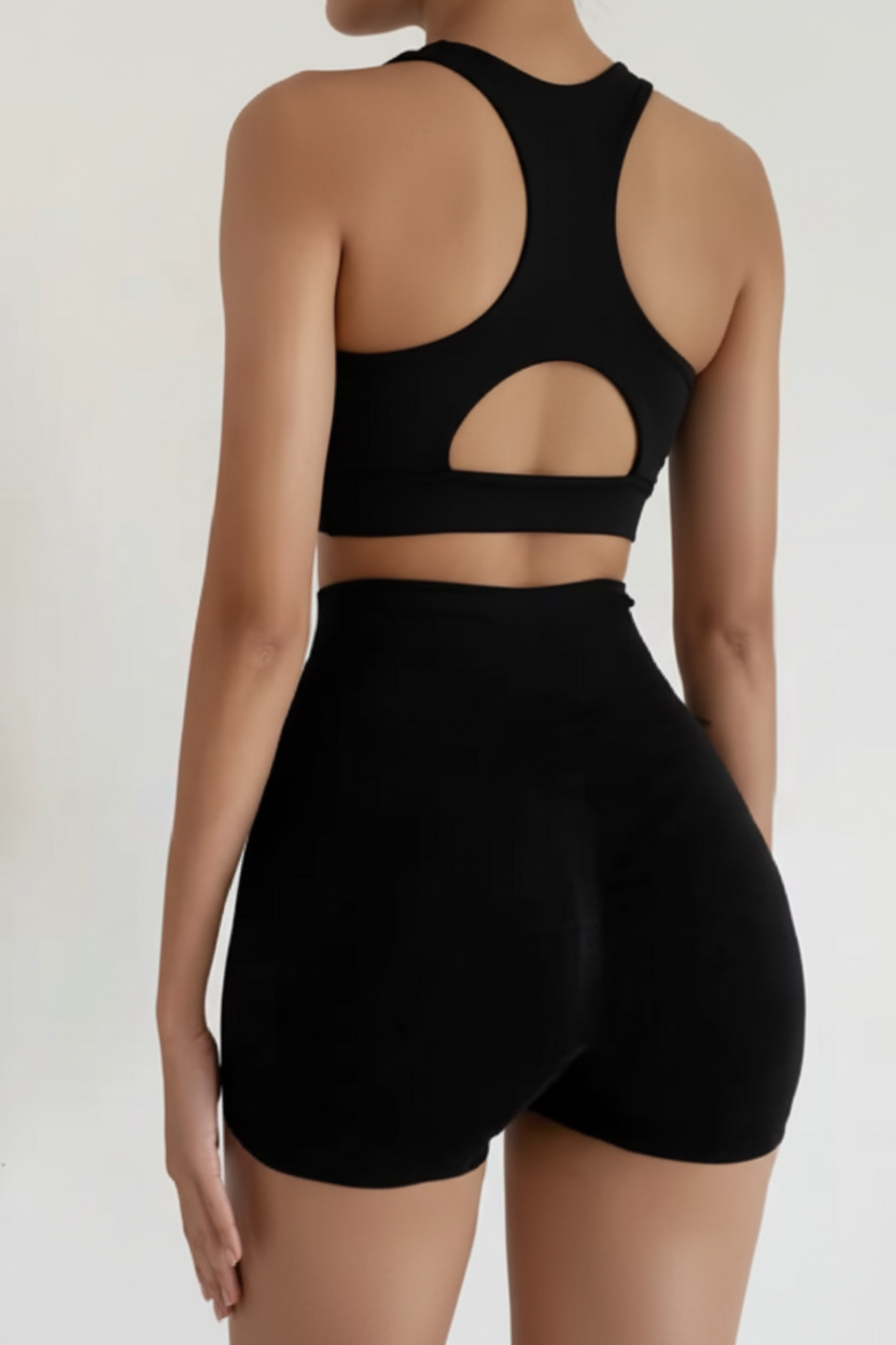 Women's Black High-Waist Biker Shorts with Racerback Sports Bra | Back View by Diva Goddess