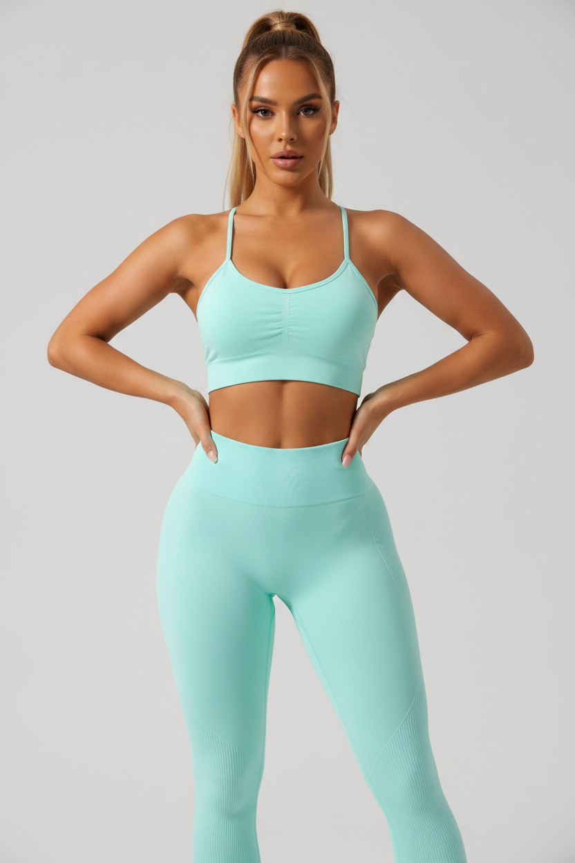 Woman wearing a matching mint green sports bra and leggings set on a light gray background