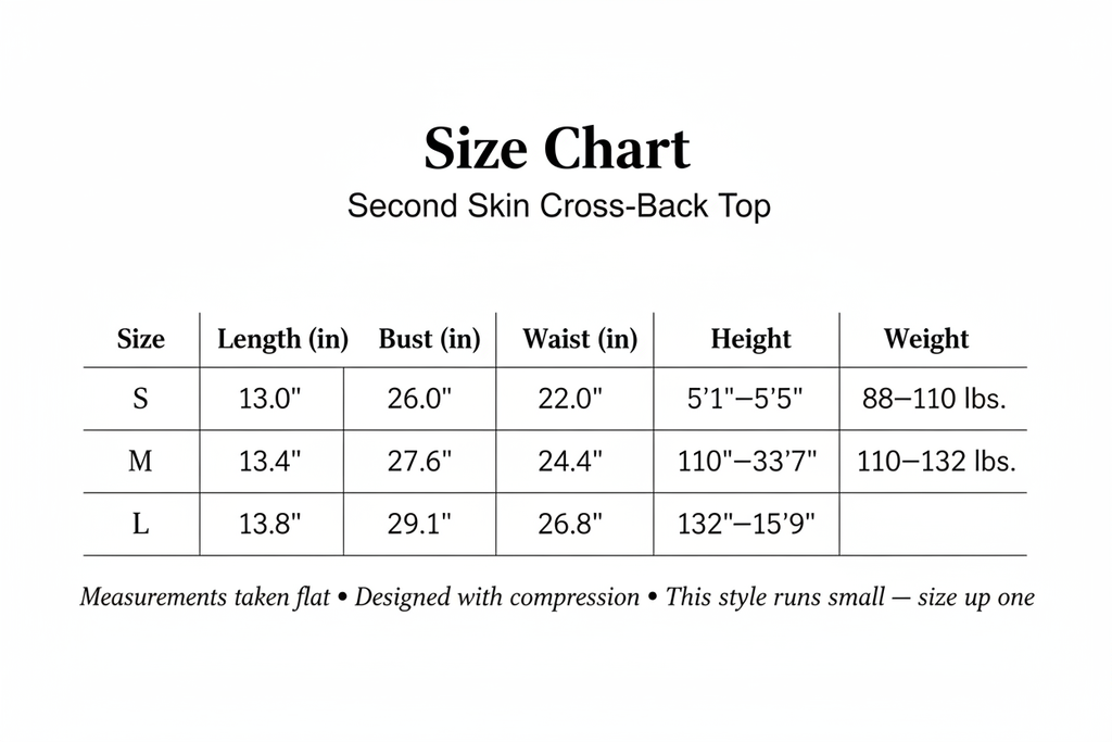 Second Skin Cross-Back Top Size Chart