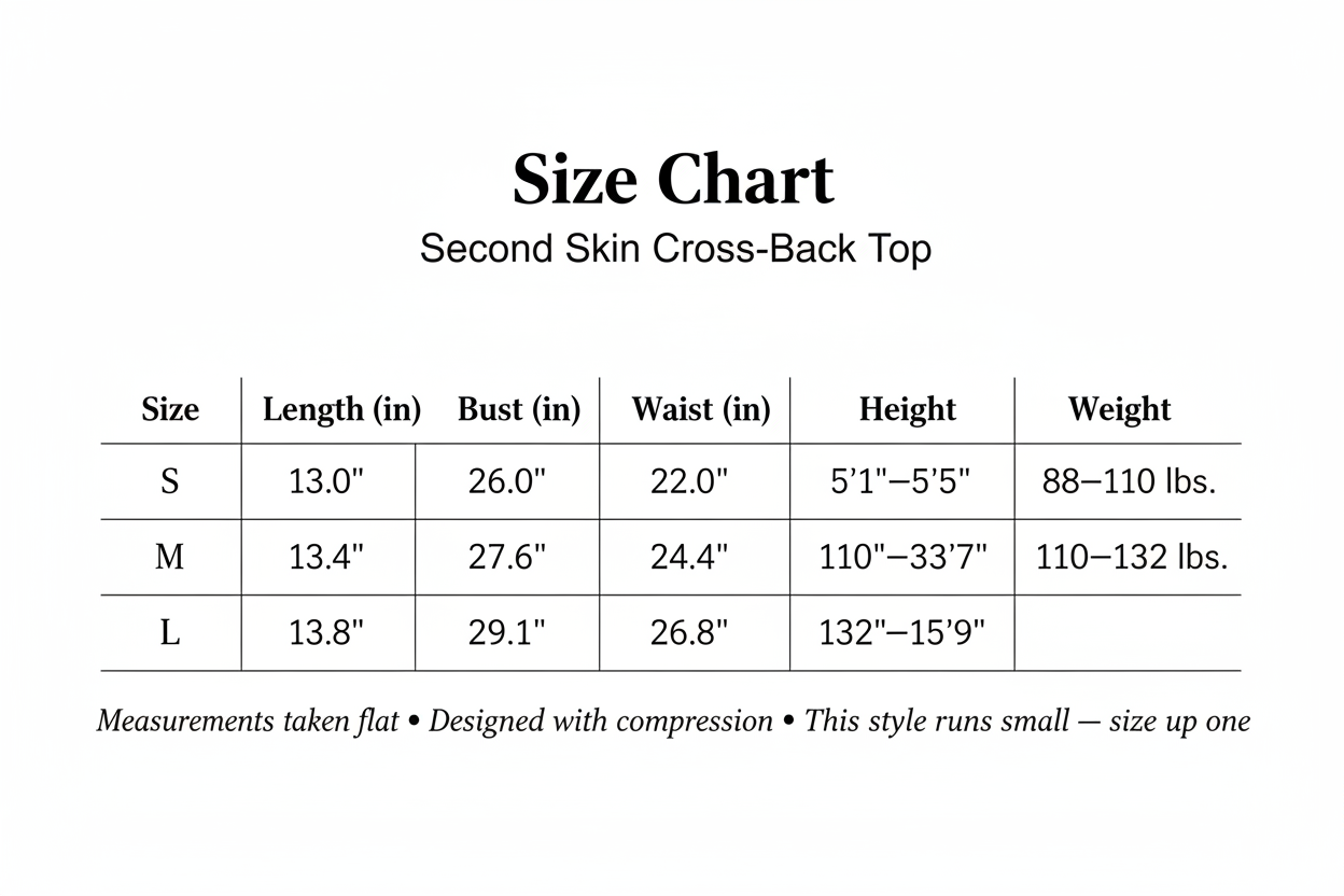 Second Skin Cross-Back Top Size Chart